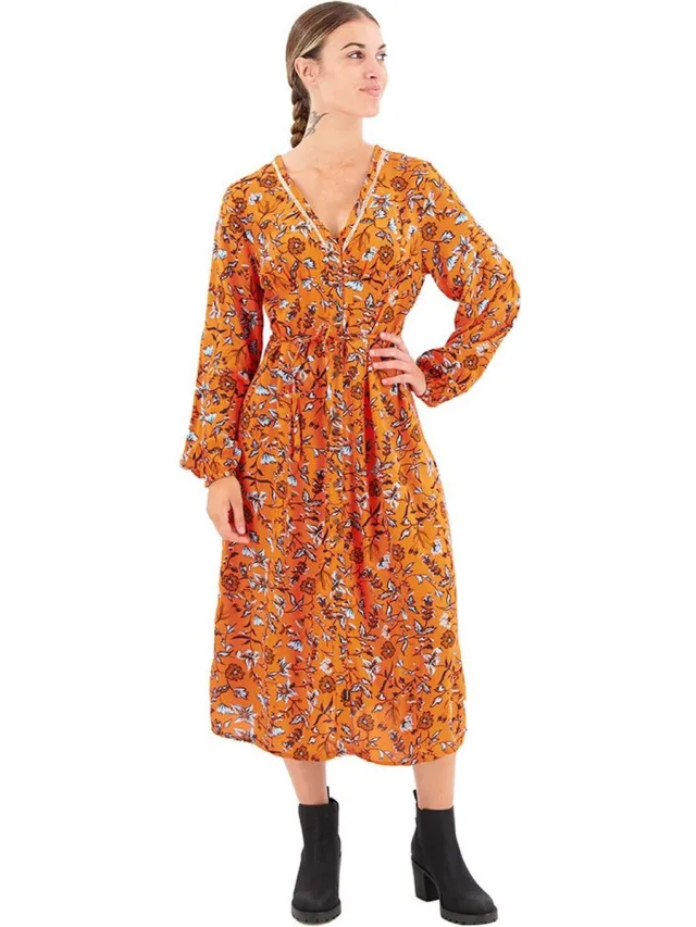 Superdry Printed V Tea Midi-jurk Met Lange Mouwen Oranje S Vrouw Winterbloom Orange