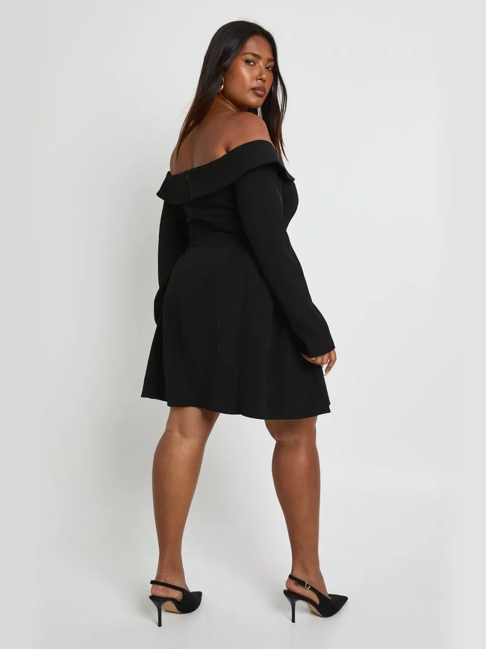 boohoo Dames Plus Langmouw Bardot Gestructureerde Skaterjurk zwart, foto 2