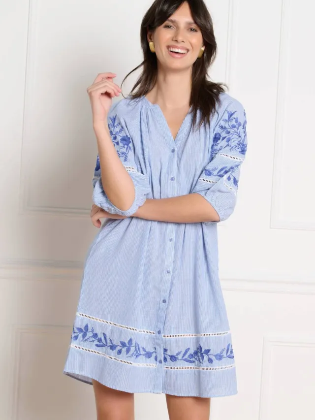 LOLALIZA gestreepte blousejurk broderie blauw Blauw/wit