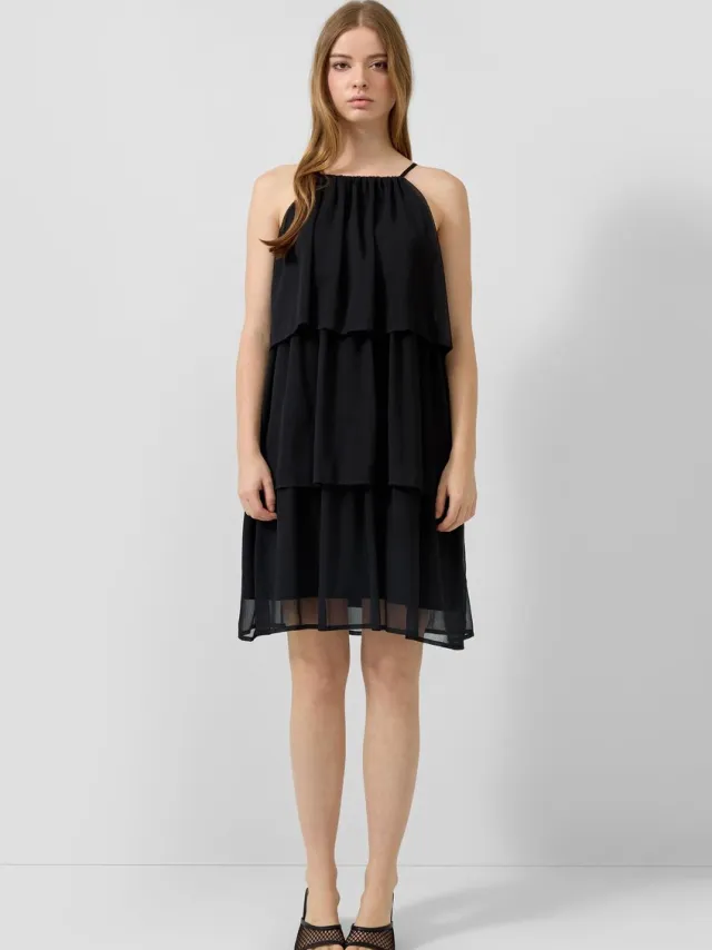 QS female - Knielange chiffon jurk met volants zwart