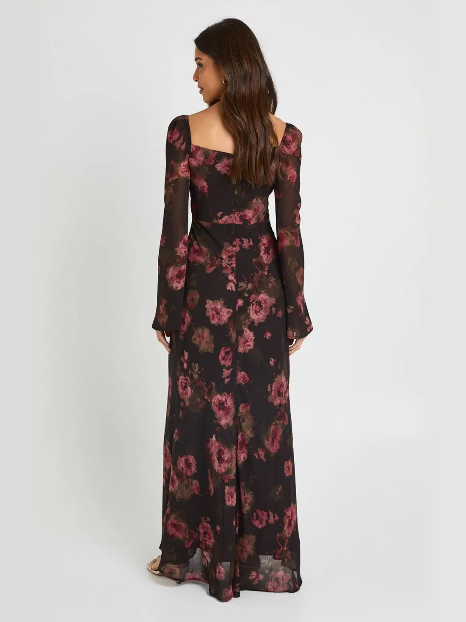 boohoo Dames Toonkleurige Bloemen Chiffon Maxi Jurk Met Wijd Uitlopende Mouwen chocoladebruin, foto 2
