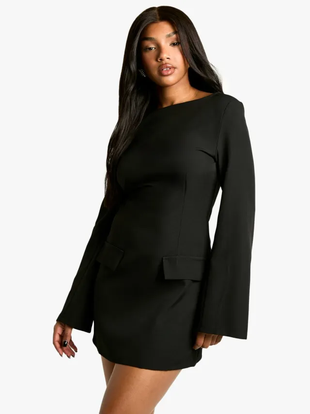 boohoo Dames Lange mouwen Slash Neck Tailored Mini-jurk Zwart