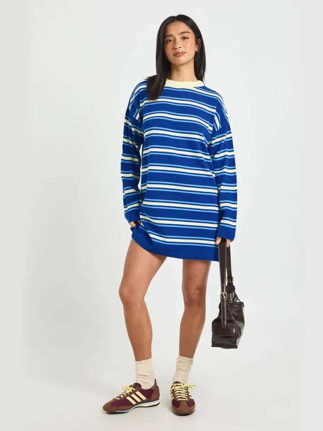 boohoo Dames Petite Gestreepte Gebreide Mini Jurk met Lange Mouwen Marineblauw