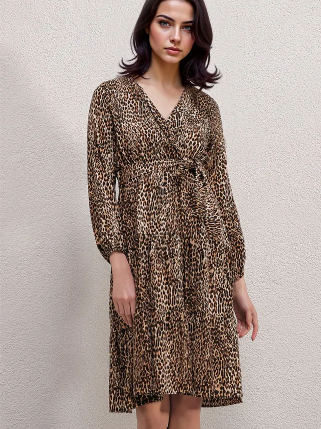 Big Dart Leren Midi-jurk met Luipaardprint en Strik Beige