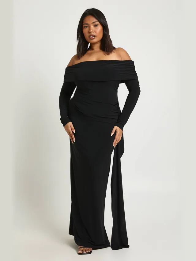 boohoo Dames Plus Slinky Bardot Column Maxi Jurk Zwart