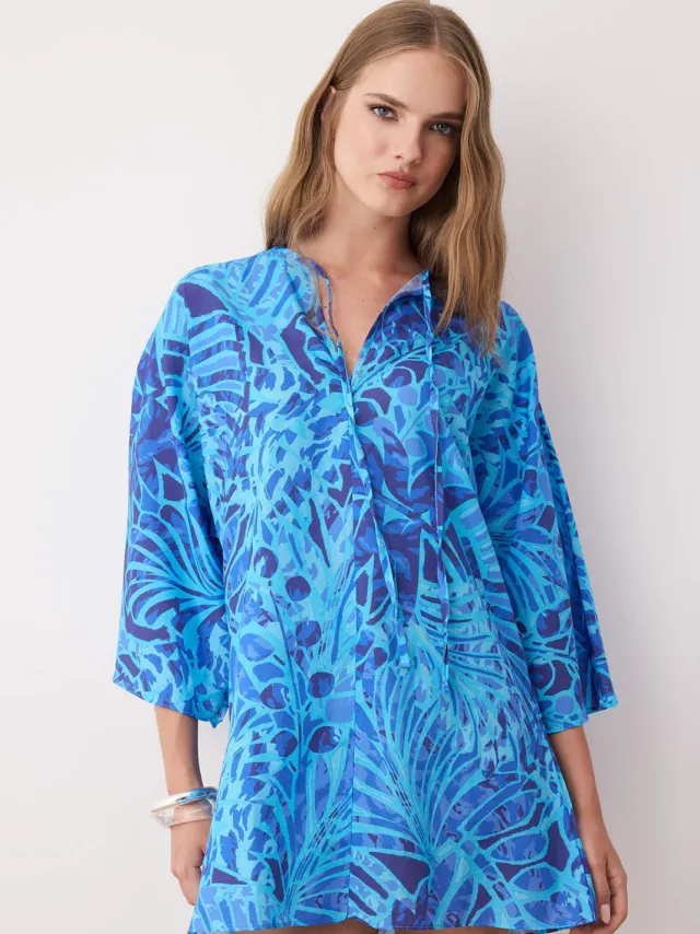 Trendyol TRENDYOLMİLLA Dames Blauw Dierenprint Extra Kort / Super Mini Driekwart mouw Strandkleding Recht Strandjurken