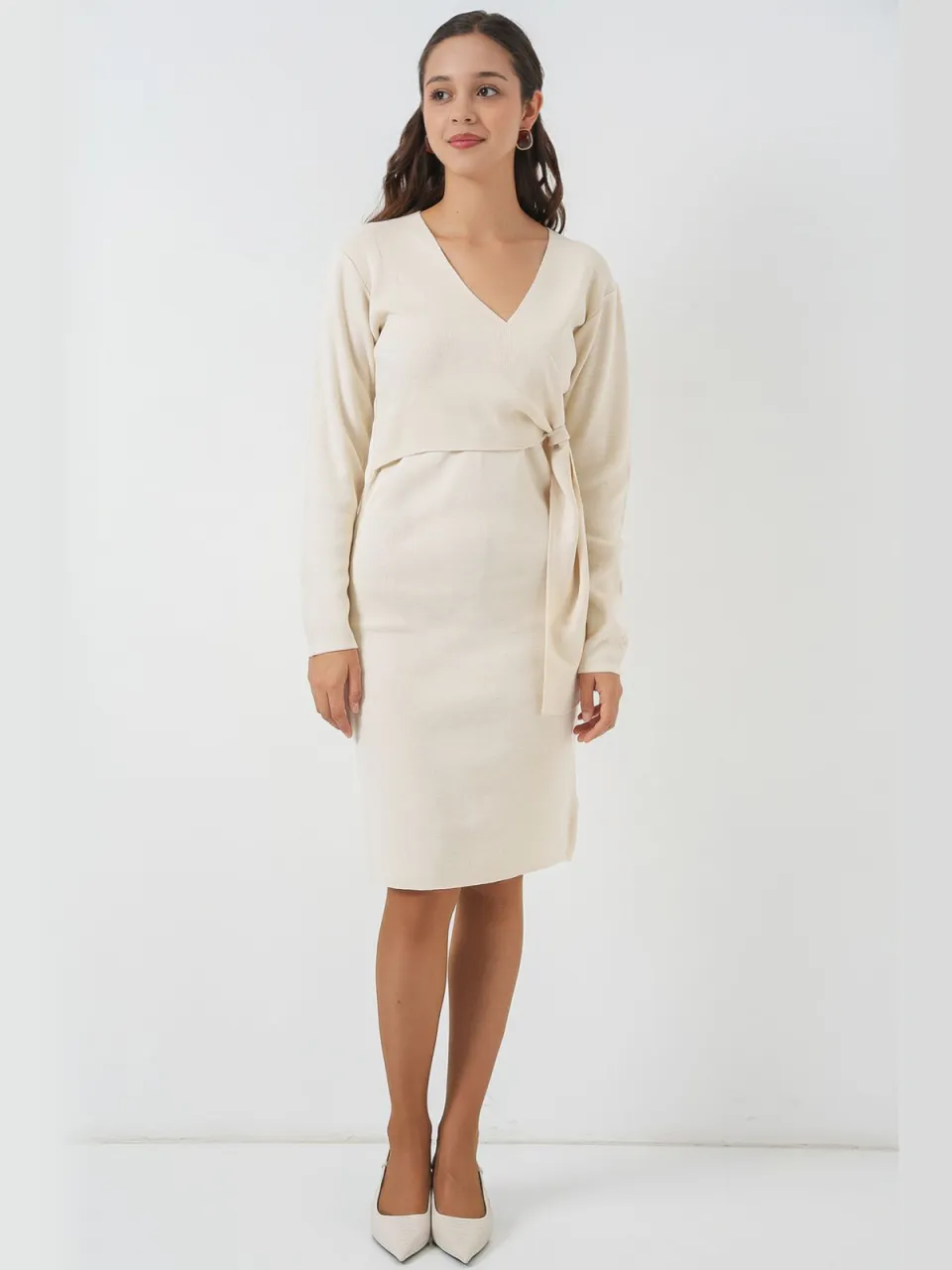 Big Dart Bodycon Midi-jurk met V-hals en striksluiting ivoor, foto 2