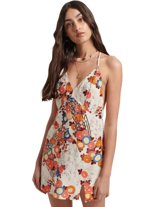 Superdry Vintage Mini Slip Halter Mouwloze Jurk Wit L Vrouw Kam Floral