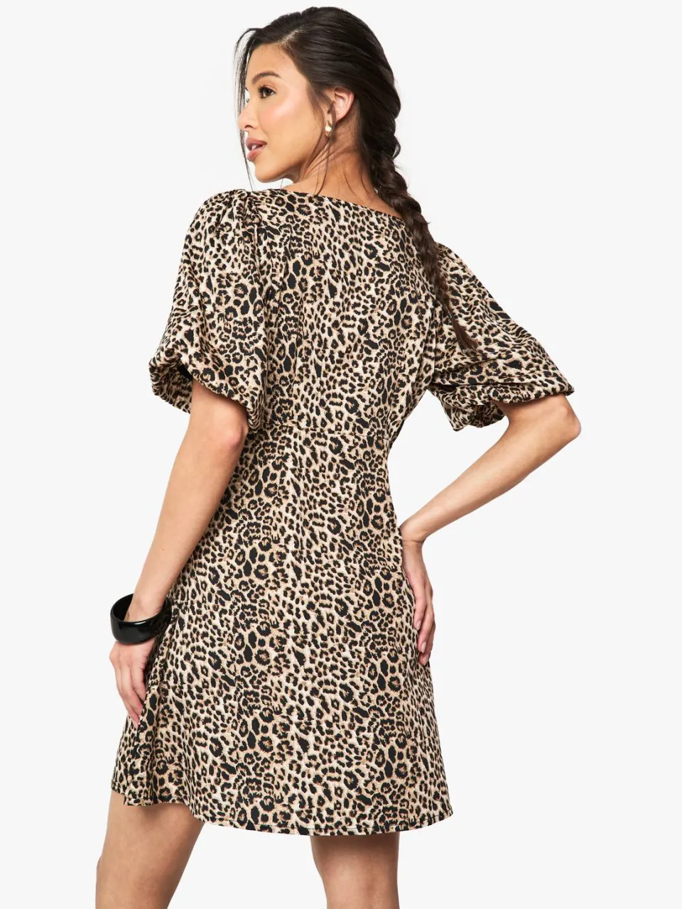 boohoo Dames Leopard Puff Mouw Mini Jurk bruin, foto 2