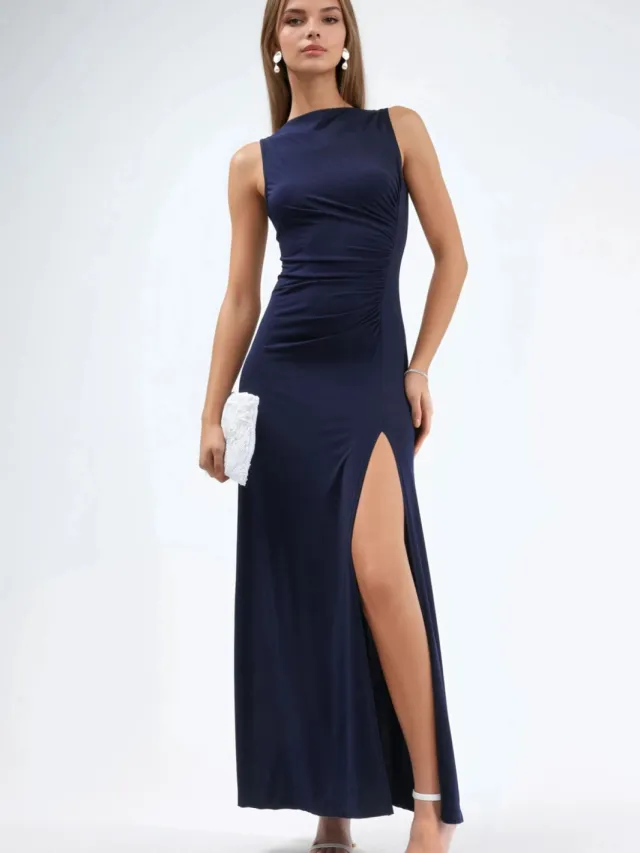 Hiccup Geplooide Sandy Maxi Jurk met Splitdetail Marineblauw