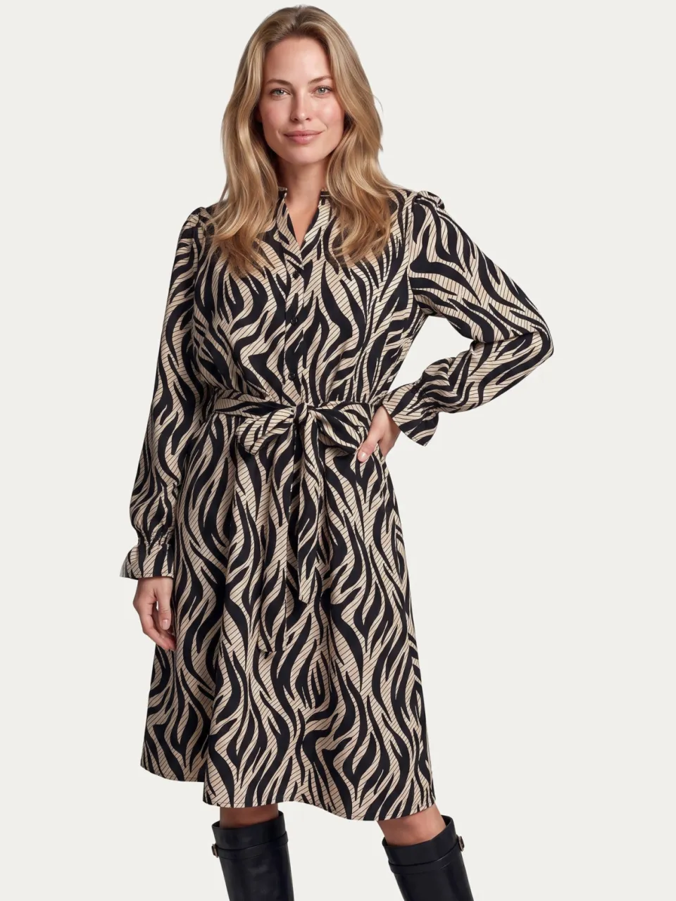 G-Maxx midi jurk met ceintuur en zebraprint - zwart, foto 4