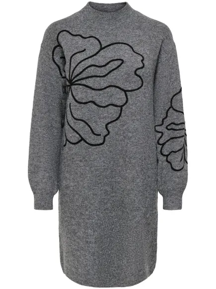 Jacqueline De Yong jella l/s flower dress knt 15370844 medium grey melange Grijs