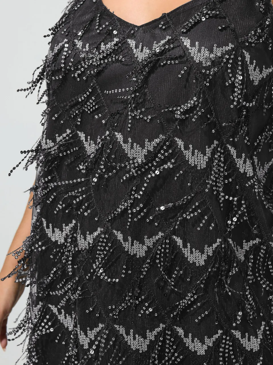 Yours London Zwarte Slipdress Met Pailletten En Kwastjes, foto 5