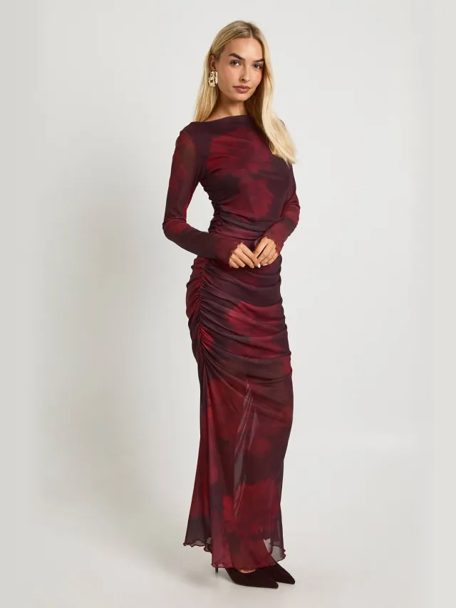boohoo Dames Floraal Gerafelde Gaas Maxi-jurk Rood
