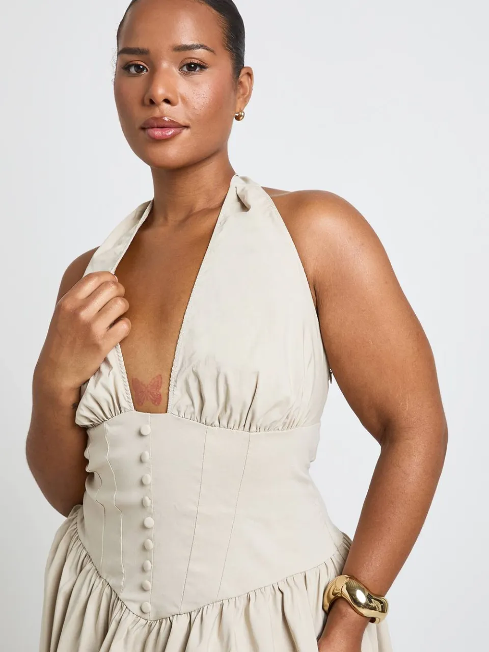 boohoo Dames Plus Bengaline Halter Skater Jurk Met Knoopsluiting steen, foto 4