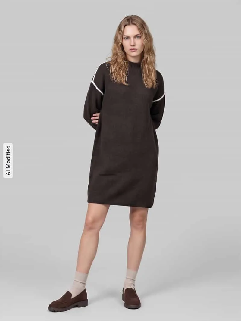 Vero Moda Regular Fit tricotjurk met contrasterende strepen model 'BOOM' Chocoladebruin gemêleerd