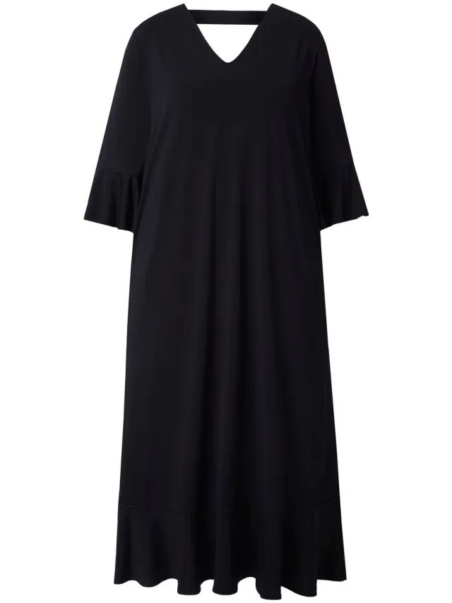 Ulla Popken Dames - Maxi-jurk volants A-lijn V-hals 3/4-mouwen - Zwart - Maat 42+