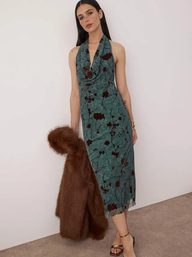 Trendyol TRENDYOLMİLLA Dames Groen Bloemen Midi Mouwloos Diploma-uitreiking / Gala Bodycon Jurken
