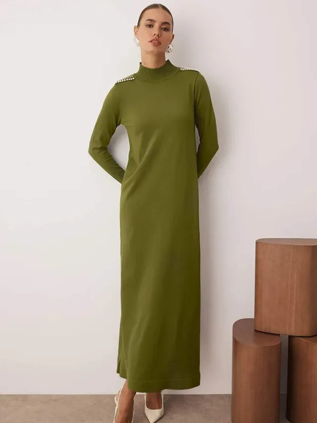 Trendyol Modest Dames Kaki Effen Maxi Lang Casual Recht Modest Jurken, foto 2