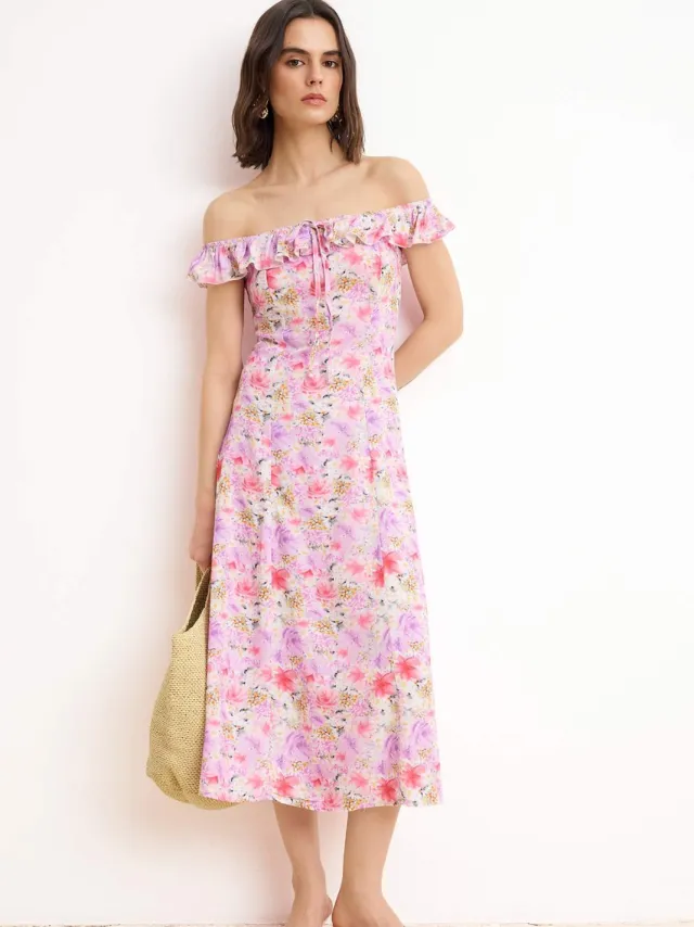 Trendyol TRENDYOLMİLLA Dames Paars Bloemen Midi Mouwloos Casual A-lijn Jurken