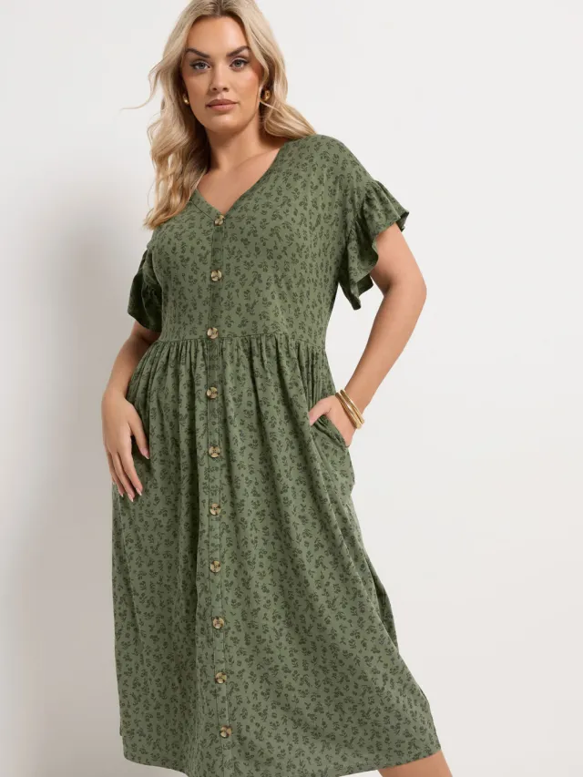 Yours Kaki Groene Jurk Met Bloemenprint En Ruches Aan De Mouwen-56 Green