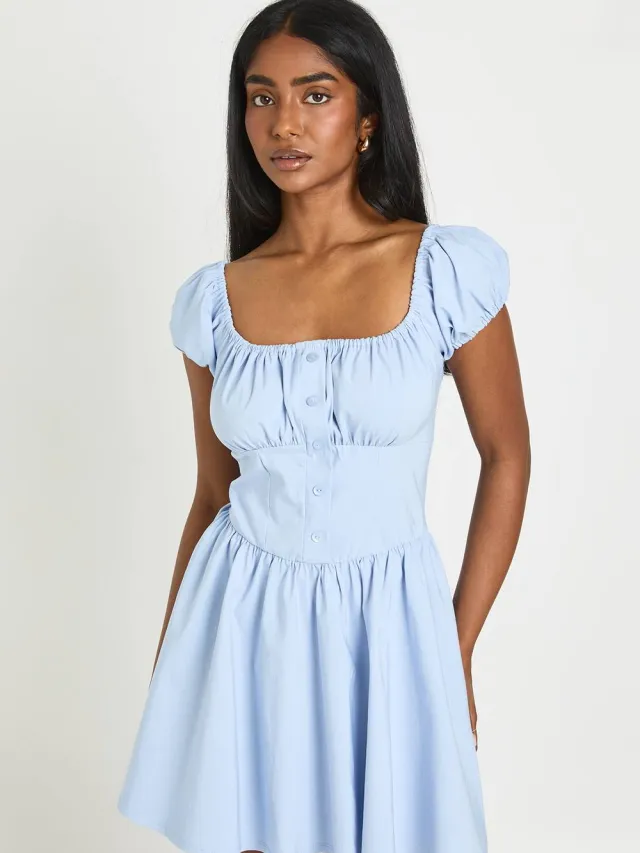 boohoo Dames Mini Jurk Met Volumemouwen En Melkmeisjeshals Pastelblauw