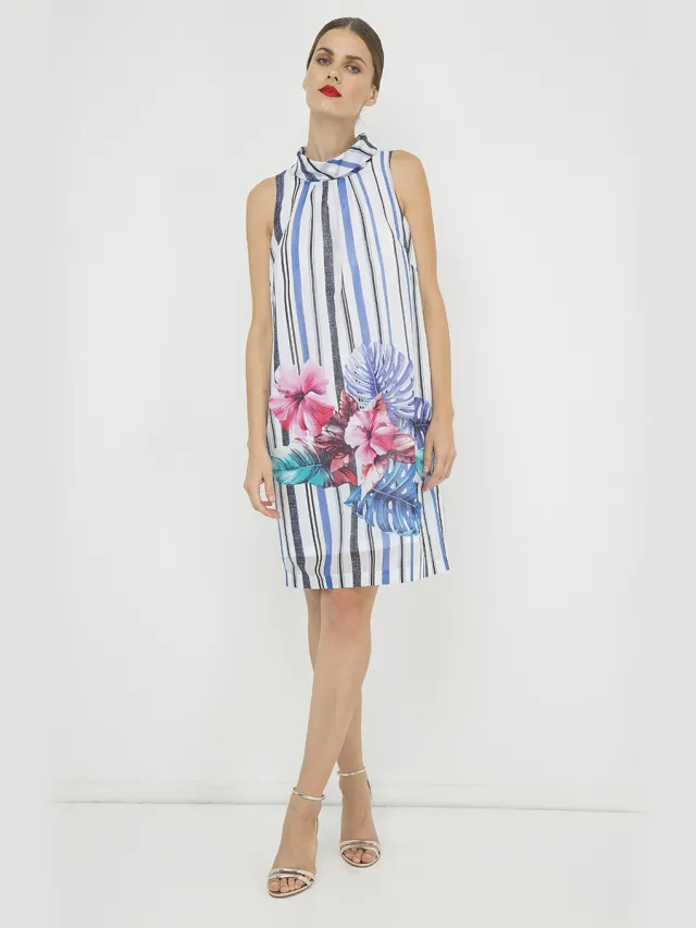 Conquista Mouwloze jurk met print en opstaande kraag Blauw