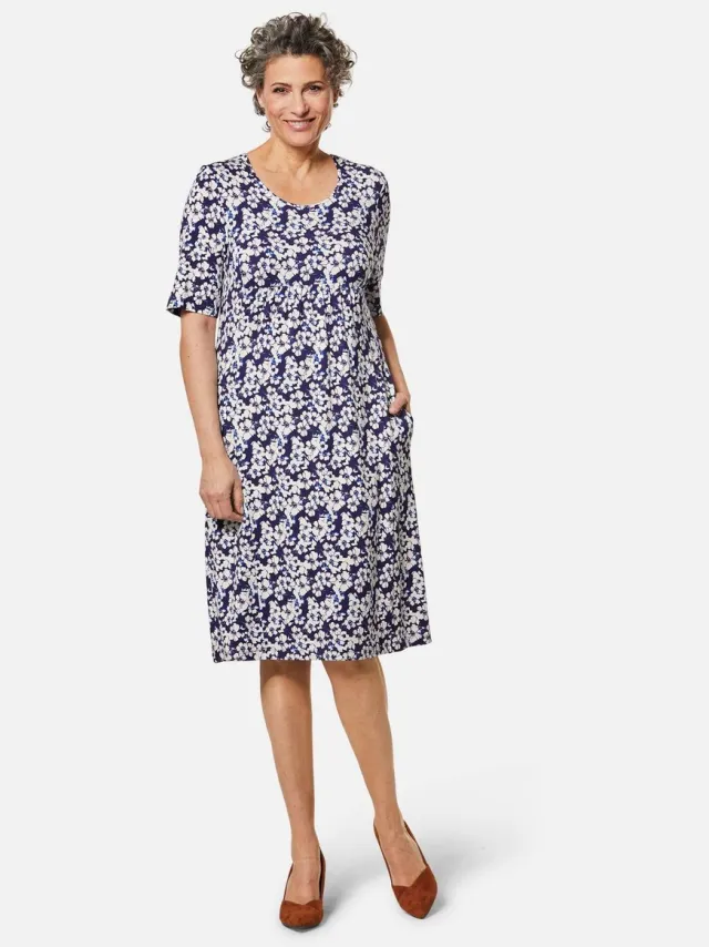 GOLDNER Bedrukte jurk Elastische jerseyjurk met modieuze print marine / gebloemd
