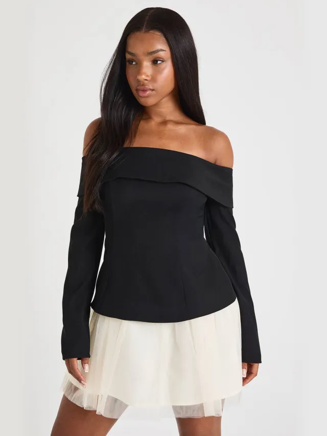 boohoo Dames Tulle Bardot Getailleerde Mini-jurk Zwart