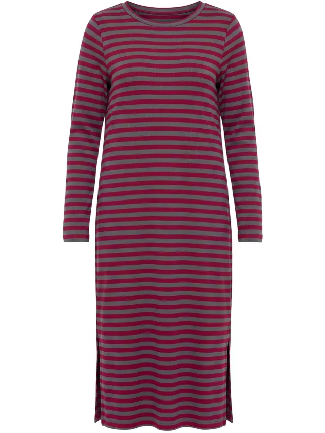 Studio Untold Dames - Maxi-jurk A-lijn ribjersey met strepen lange mouwen - Wijnrood - Maat 54+