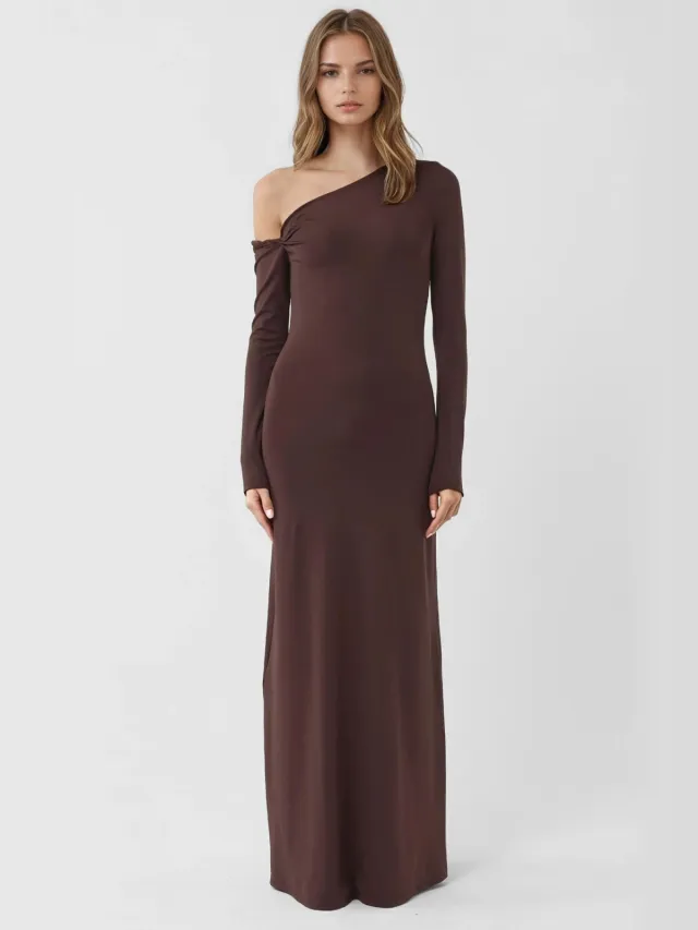 Hiccup Asymmetrische Kraag Maxi Bodycon Jurk Mokka