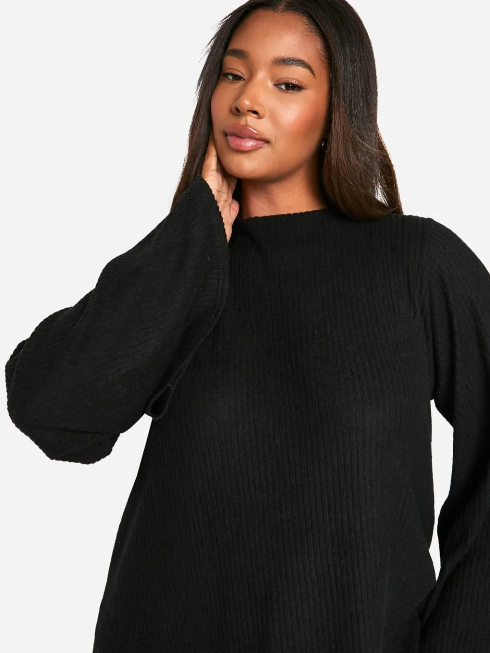 boohoo Dames Plus Soft Rib Tie Back Smock Jurk zwart, foto 4
