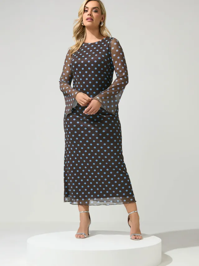 Yours London Chocoladebruine En Blauwe Meshjurk Met Stippen Brown
