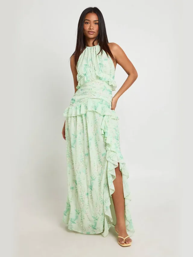 boohoo Dames Bloemenjurk Met Halternek Van Chiffon Met Ruches In Maxilengte Groente