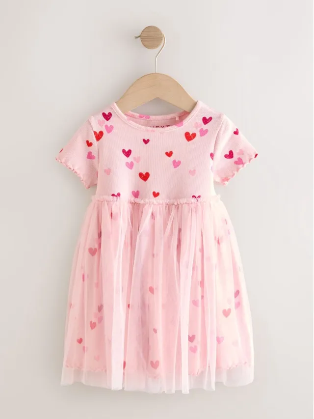 Next Meisjes - Jurk met mesh rok - Roze Pink Hearts