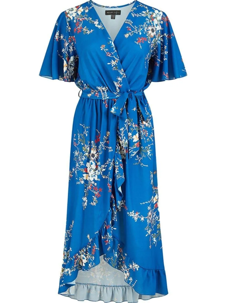Mela London Damesjurk met bloemenprint, V-hals en golvende vouwdetails (Blauw), foto 2