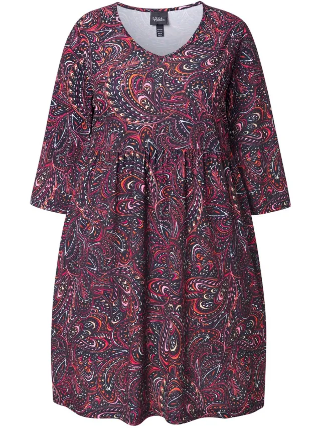 Ulla Popken Dames - Longshirt paisley A-lijn V-hals 3/4-mouwen - Zwart - Maat 58+