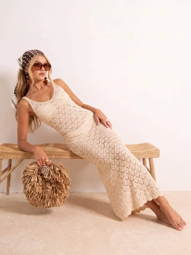 Trendyol TRENDYOLMİLLA Dames Ecru Ajour Maxi Mouwloos Strandkleding Bodycon Strandjurken