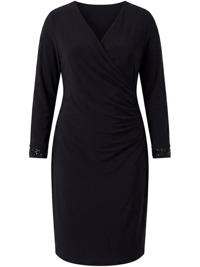 MIAMODA Dames - Midi-jurk slim fit wikkellook jersey lange mouwen - Zwart