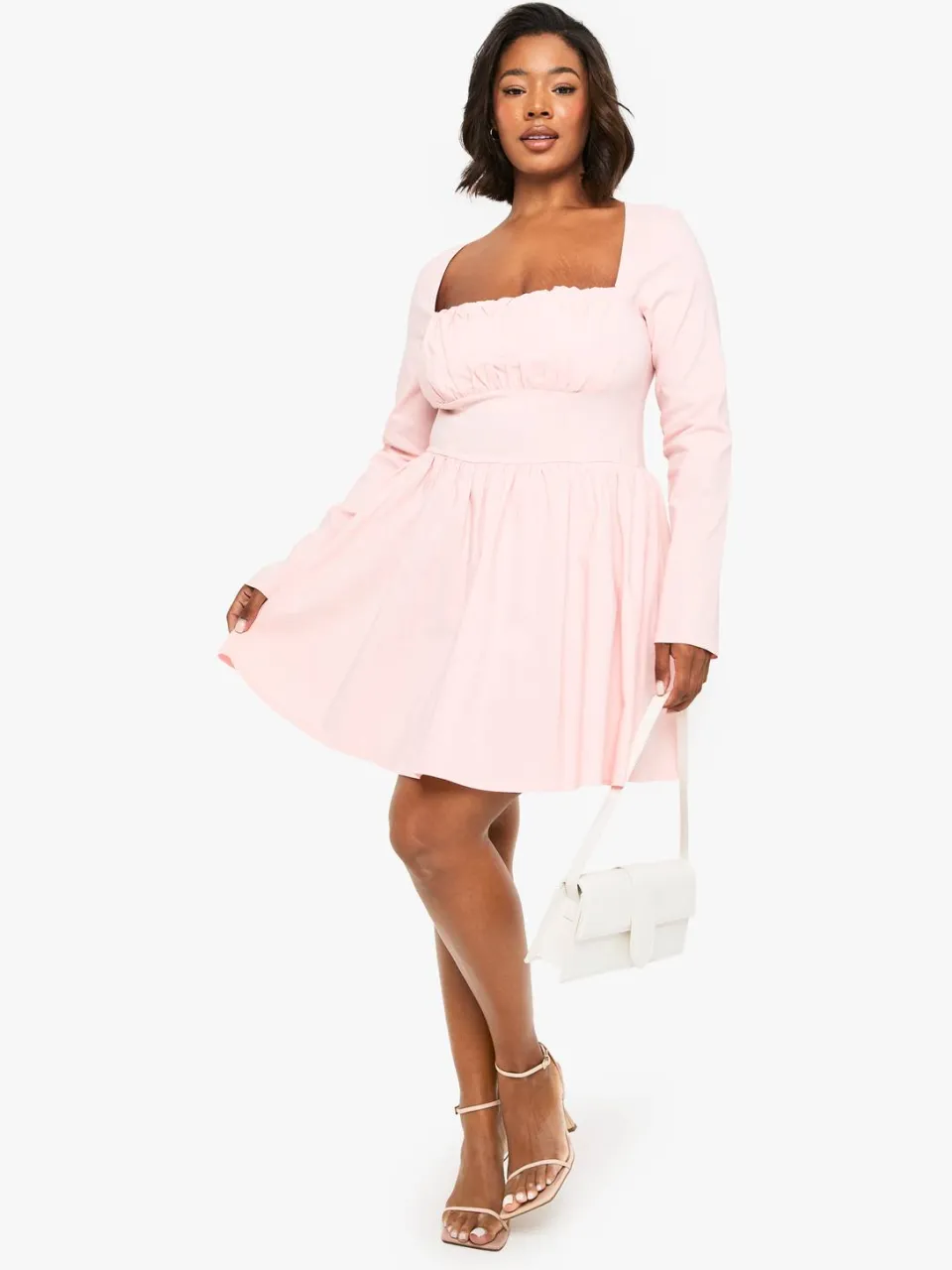 boohoo Dames Plus Bengaline Korset Langemouw Skaterjurk baby roze, foto 3