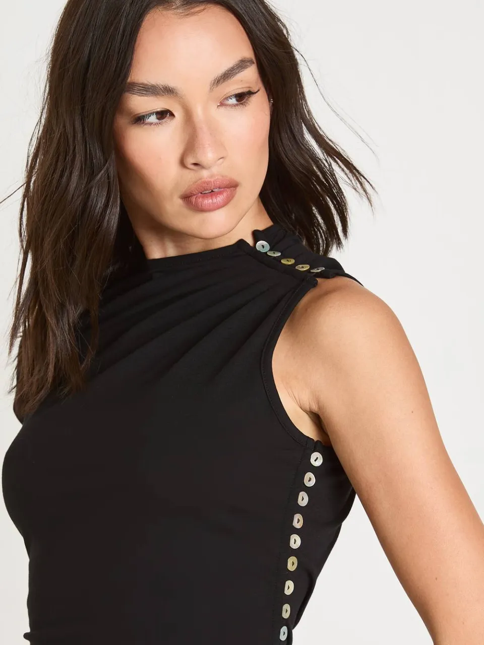 boohoo Dames Asymmetrische Mini-jurk Met Parelmoeren Knopen En Mouw zwart, foto 4