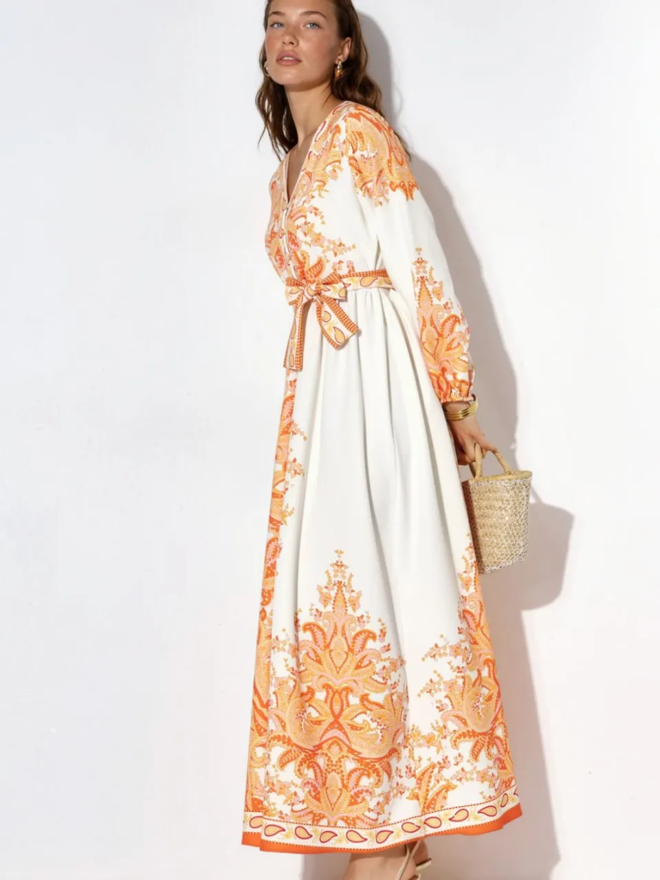 MSN Collection Paisley A-lijn Maxi-Jurk met Strikriem oranje, foto 2