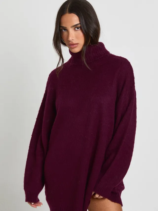 boohoo Dames Petite Super Soft Geborstelde Gebreide Rolkraag Mini-Jurk Aubergine