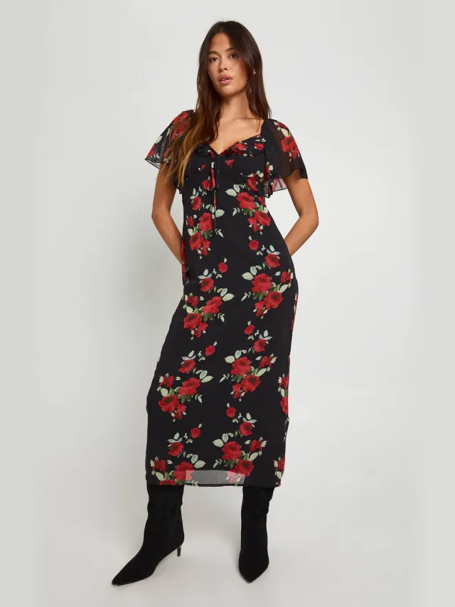 boohoo Dames Bloemenjurk met engelmouwen midaxi Zwart