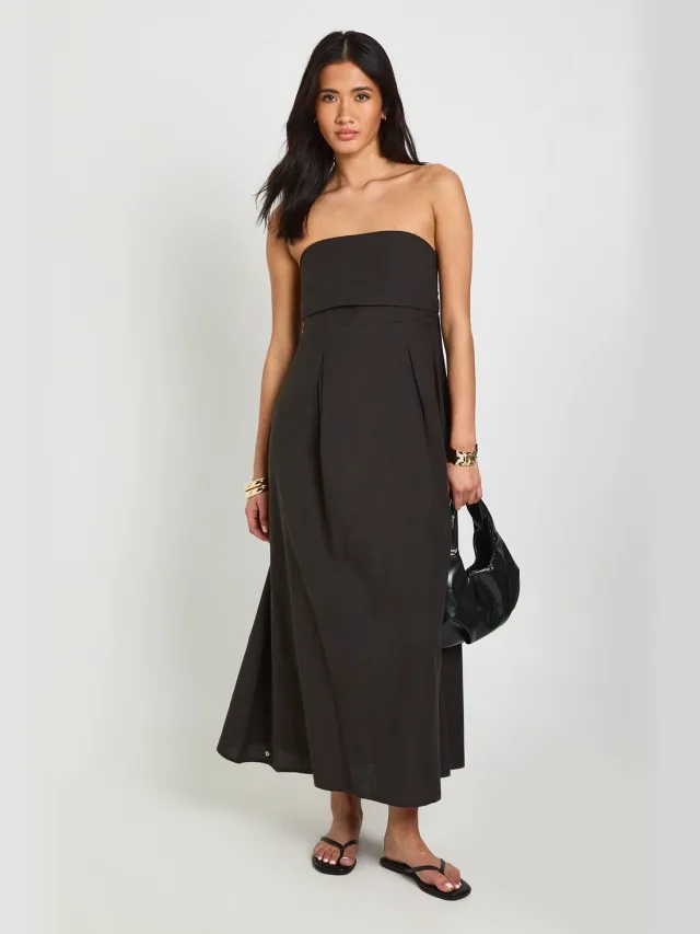 boohoo Dames Linnen Bandeau Jurk Met Gesmockte Rug Midaxi Lengte Zwart