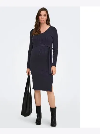 Only gebreide zwangerschaps midi jurk donkerblauw, foto 3
