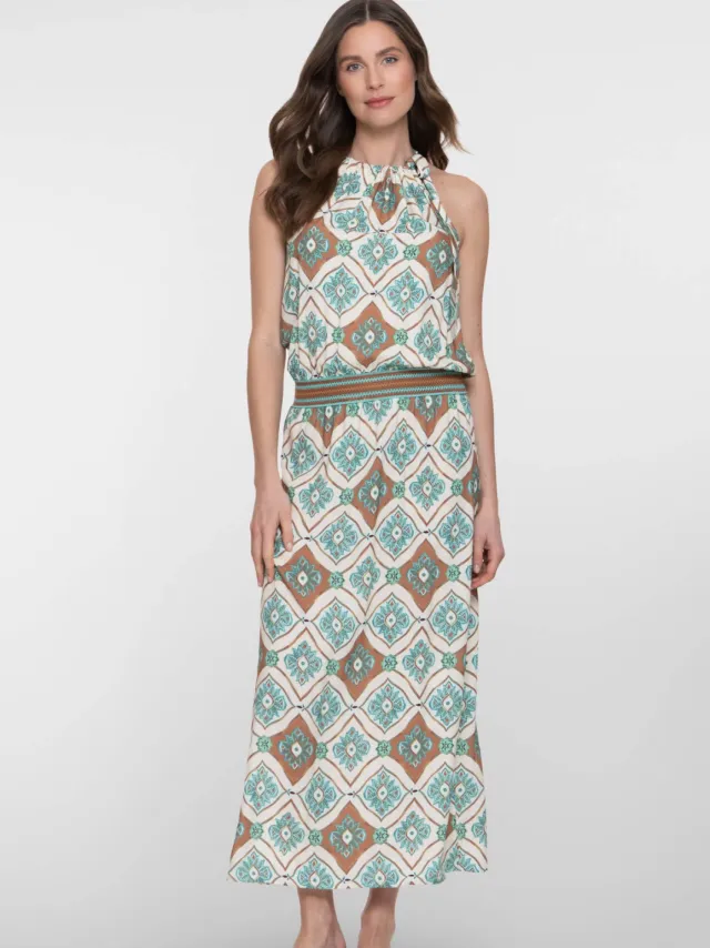Geisha halterjurk met print en split - lichtblauw Lichtblauw/ecru/bruin