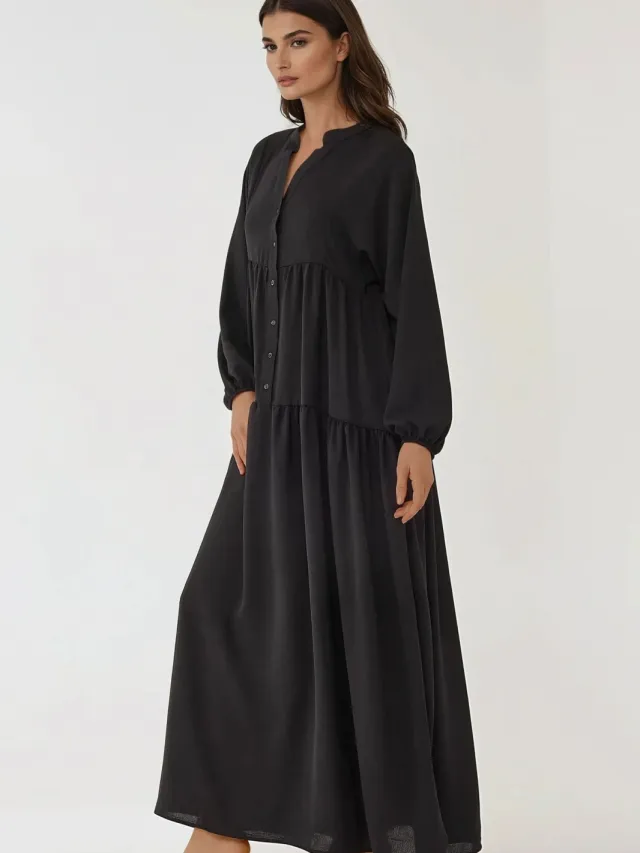 Hiccup Gestructureerde V-hals Maxi-jurk met knoopdetails zwart, foto 2
