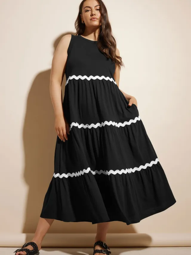 Yours Maxi Jurk Zonder Mouwen Met Contrasterende Wervelrand In Zwart Black