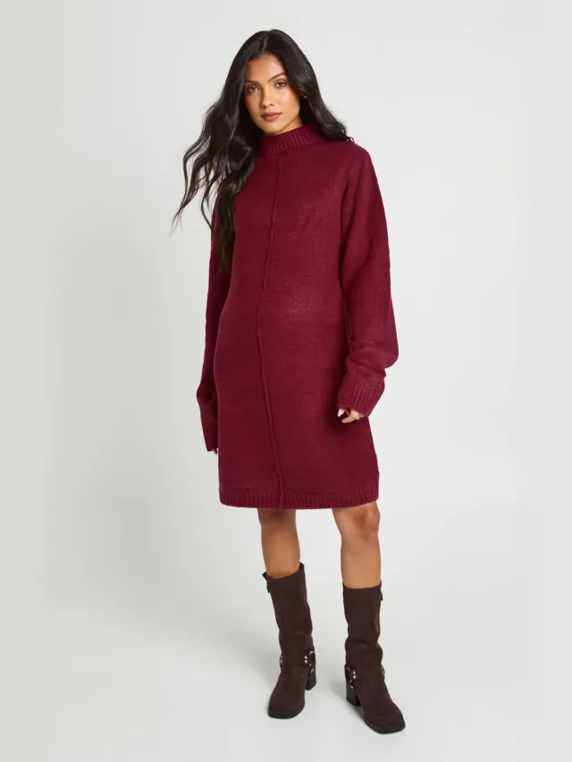 boohoo Dames Zwangerschaps Gebreide Mini Jurk Met Hoge Hals En Naaddetail Bordeaux Rood